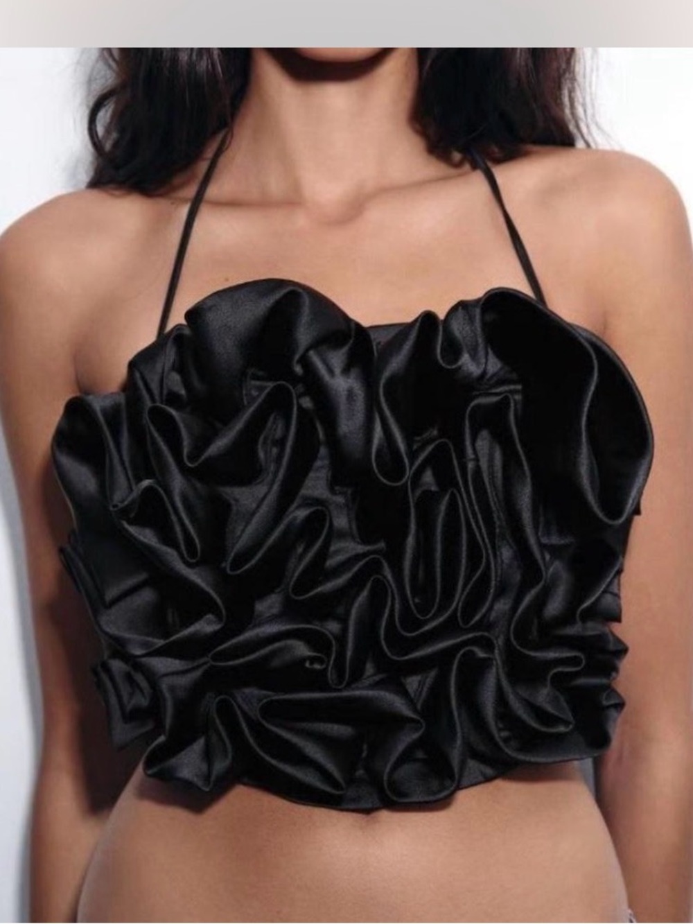 Zara Black Satin Ruffle Halter Crop Top